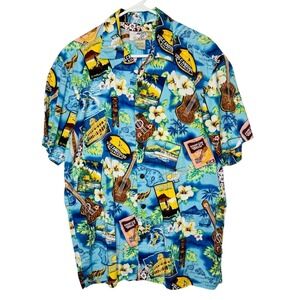 High Surf Hawaiian Button Down Shirt Large Short Sleeve Cotton Ukulele Floral‎